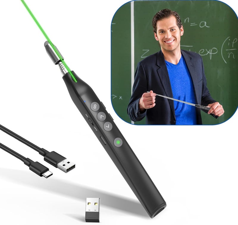 UBUYONE Presentation Clicker Telescopic Pointer: Powerpoint Remote Wireless Presenter Green Laser Stylus Pen for Touch Screen, Google Slide Smart Board Retractable Stick for Mac Computer (Rechargeable) - Image 1
